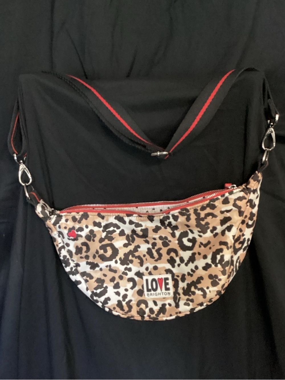 Brighton Love Leopard Crossbody Bag in Beige, Black & Red Trim